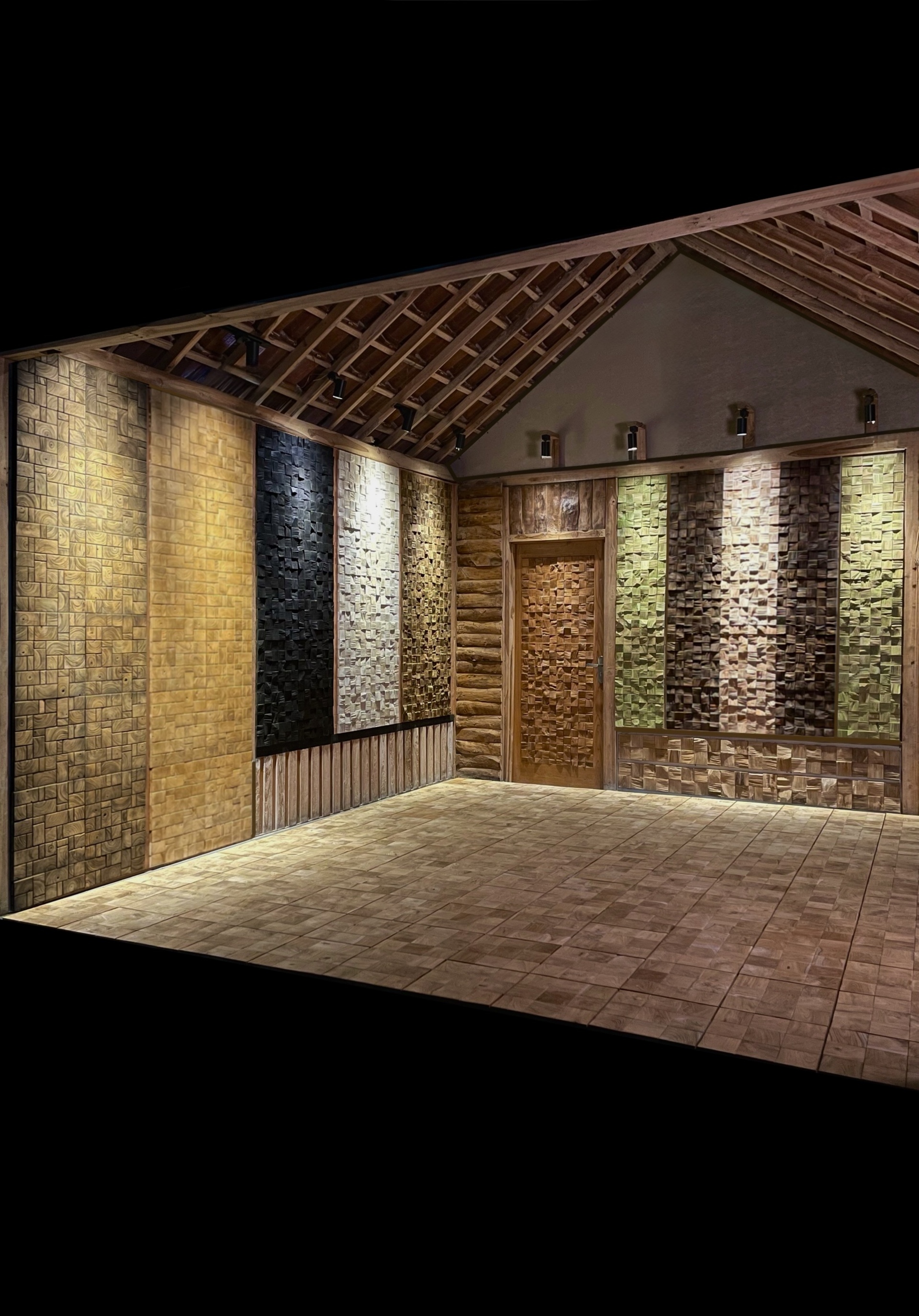 Vinteak teak wood wall panels display at furniture exhibition - premium Indonesian hardwood collection showcase