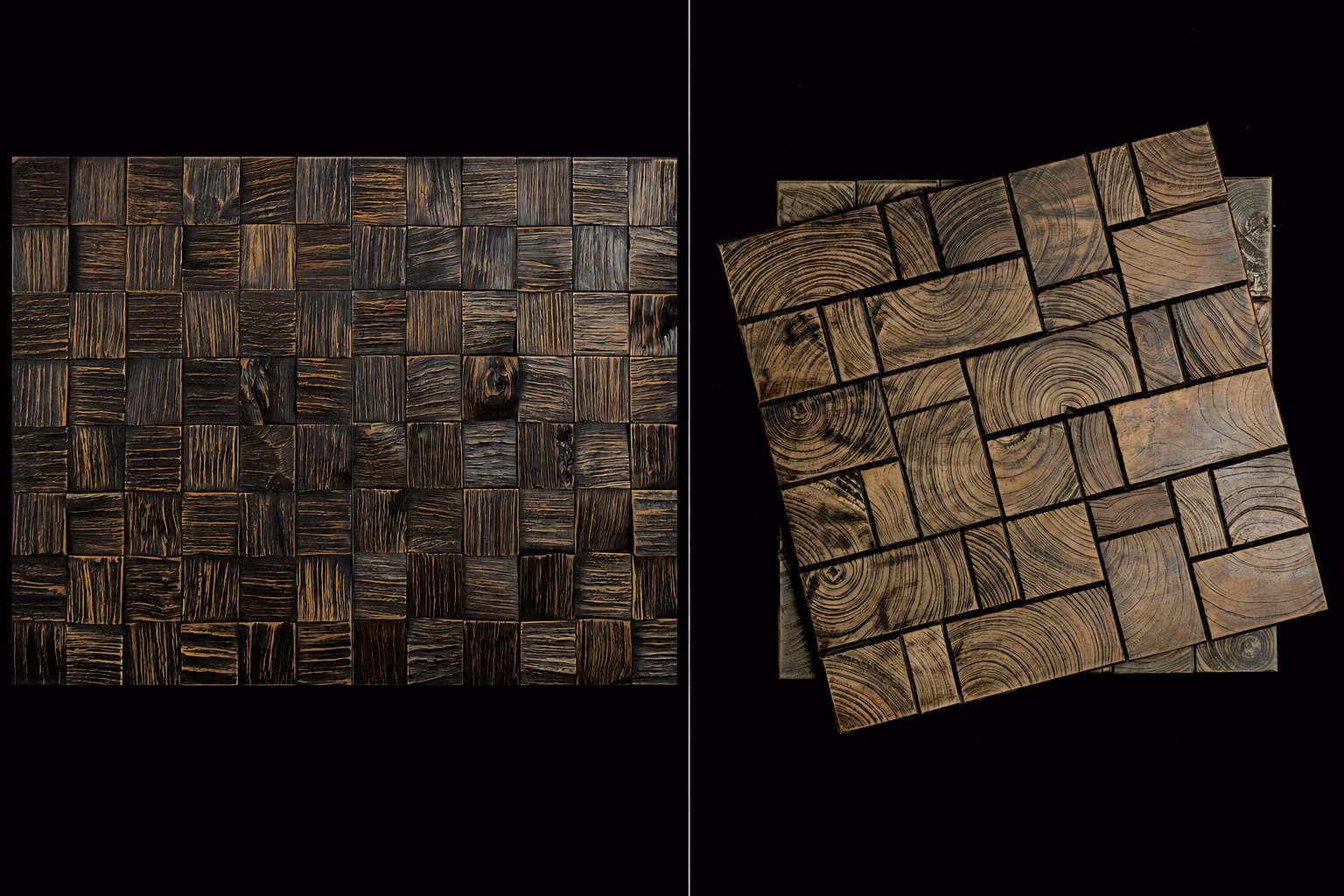 Side-by-side comparison of rustic teak wall panels and 3D teak wall panels showing different surface textures