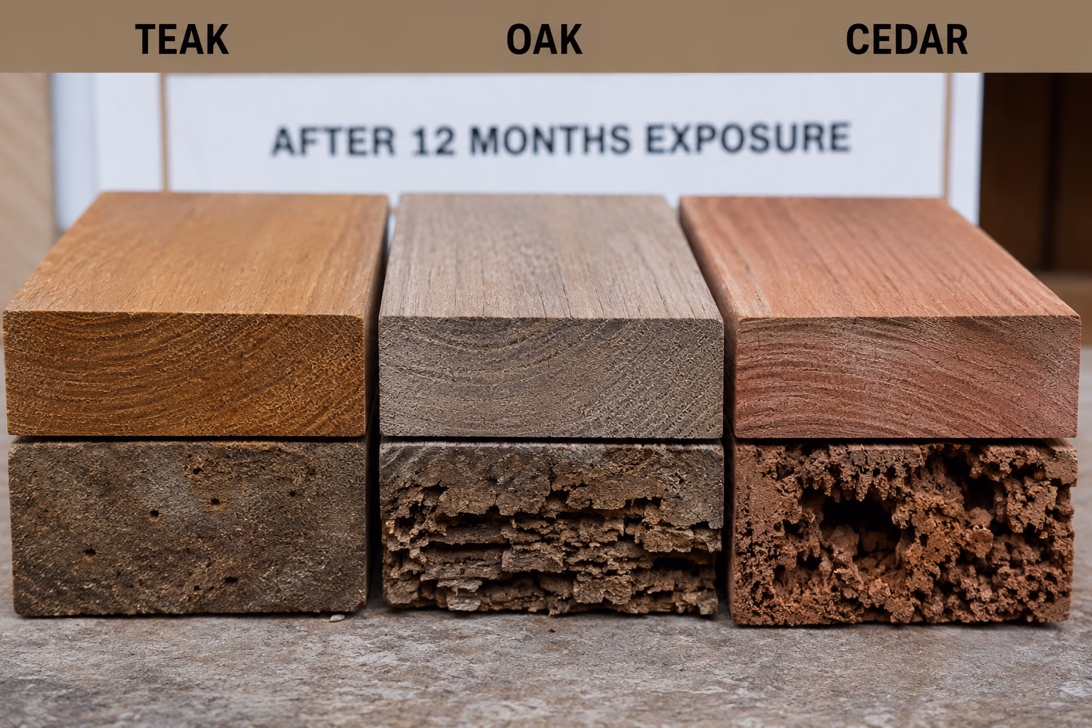 Visual comparison of rot resistance between teak, oak, and cedar wood after moisture exposure