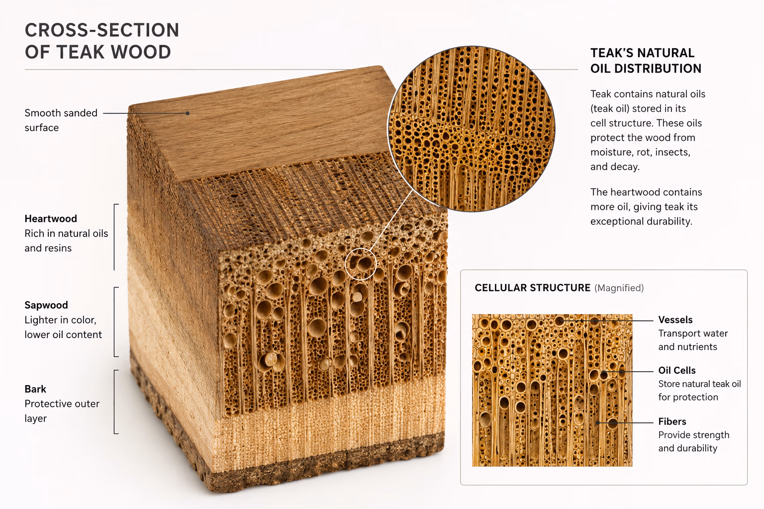 Educational cross-section diagram of teak wood wall panel showing cellular structure and natural oil distribution