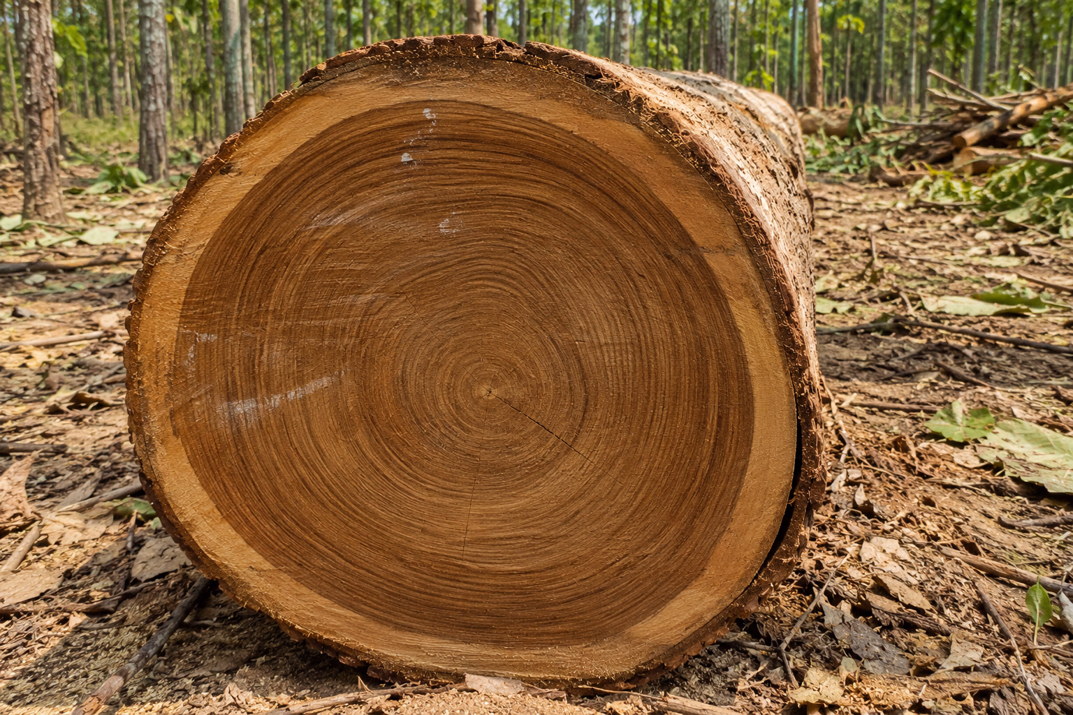 Cross-section of a mature teak log from a certified Indonesian plantation showing annual growth rings